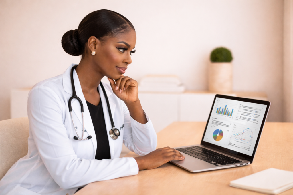 GeneLean360 Doctor reviewing patient's genetics report on laptop